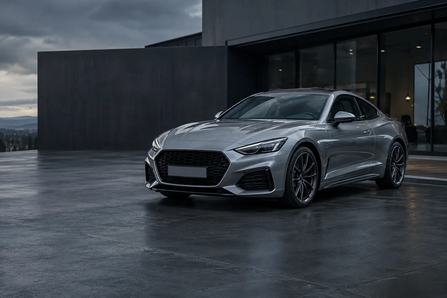 Illustratieve zilvergrijze sportcoupé bij een moderne showroom
